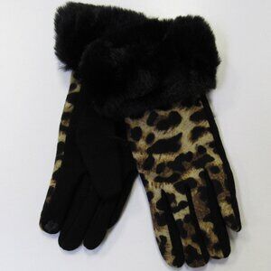 Women's Faux Fur Trim Leopard Cheetah Animal Print Gloves Smart Touch Finger
